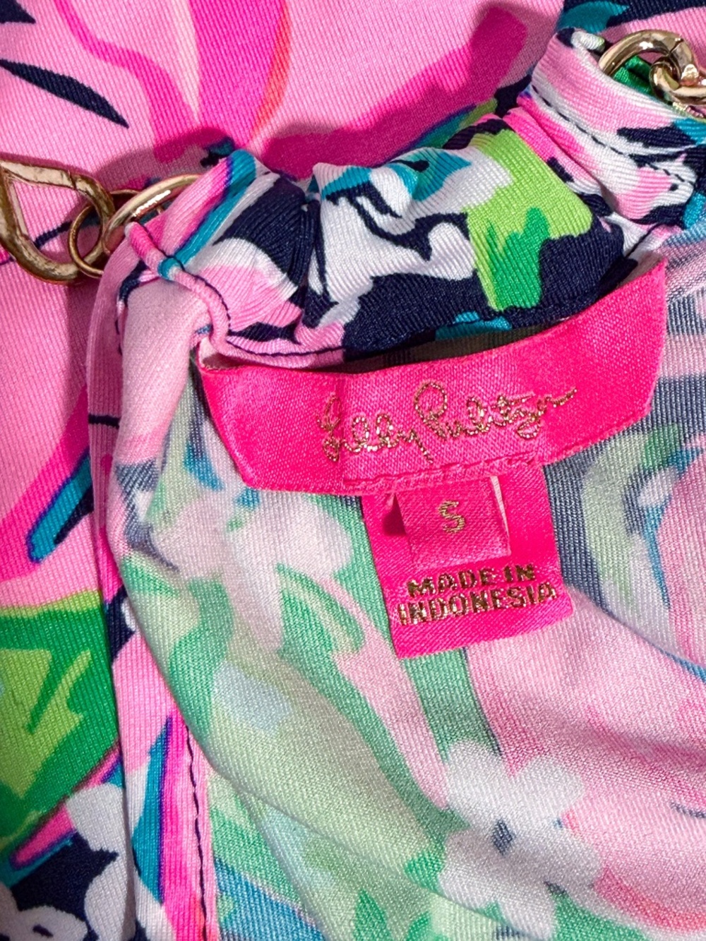 Lilly Pulitzer Tropical Floral Halter Top Pink Green Gold Chain Size Small - Picture 7 of 8